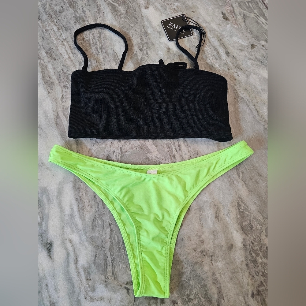 ZAFUL Neon Green & Black Ribbed Bikini Set - Size M, NWT